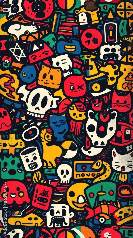 colorful pattern of skulls and cats colorful pattern of skulls and cats