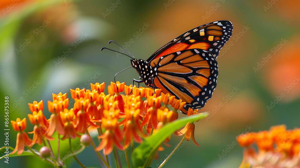 Fototapeta premium Detailed closeup of vibrant orange monarch butterfly perched milkweed plant sundrenched garden intricate pattern delicate antenna visible stunning detail
