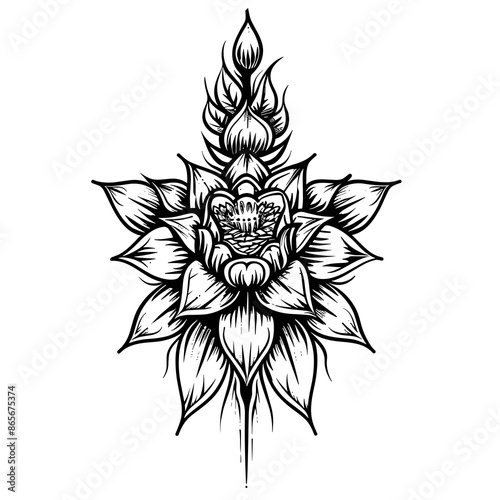 A black and white drawing of a flower with a stem. The flower is very detailed and has a lot of texture. The drawing has a very artistic and elegant feel to it