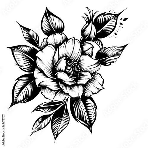 A black and white drawing of a flower with a stem. The flower is in the center of the image and surrounded by leaves. The drawing has a very simple and elegant style, with the focus on the flower