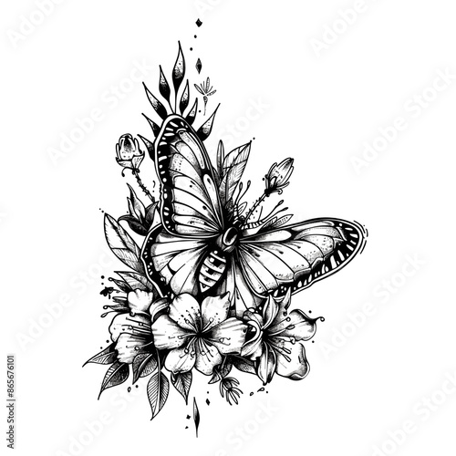 A black and white drawing of a butterfly with flowers in the background. The butterfly is surrounded by a variety of flowers, including roses and daisies