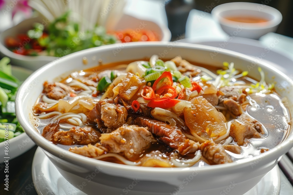 Chicken and bitter gourd soup with rice noodles served with crispy garlic and vegetables Chicken and bitter gourd soup with rice noodles served with crispy garlic and vegetables