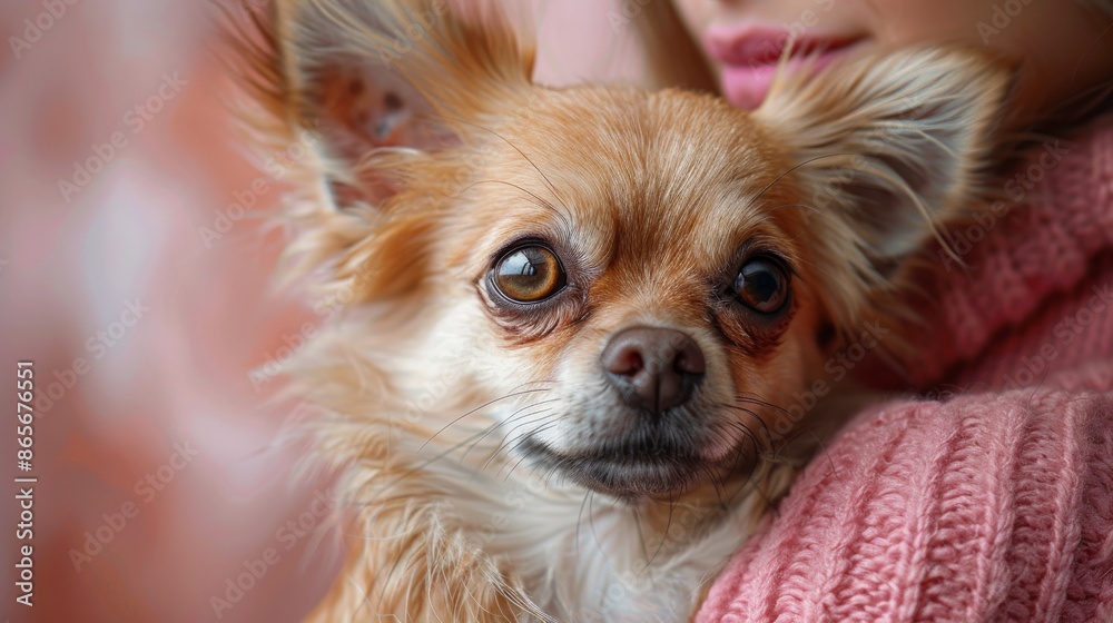 Close-up of Chihuahua being held by woman in pink sweater showing affection
