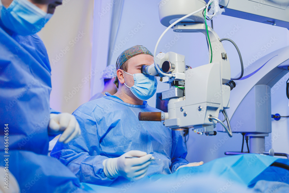 Man under a surgical microscope for vision correction. Eye surgery. A patient and a surgeon in the operating room during an ophthalmic operation. Man under a surgical microscope for vision correction. Eye surgery. A patient and a surgeon in the operating room during an ophthalmic operation.