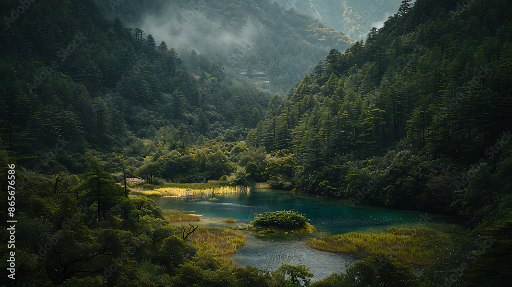 Lush landscape of the Jiuzhaigou Valley in China known for its colorful lakes and dense forests Lush landscape of the Jiuzhaigou Valley in China known for its colorful lakes and dense forests