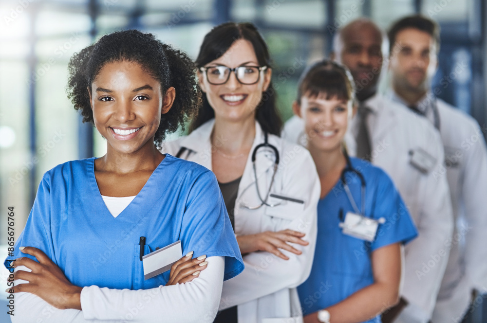 Portrait, happy people or proud nurses with arms crossed in hospital for healthcare services or about us. Nursing leadership, medical professional and doctors with smile or women at wellness clinic Portrait, happy people or proud nurses with arms crossed in hospital for healthcare services or about us. Nursing leadership, medical professional and doctors with smile or women at wellness clinic