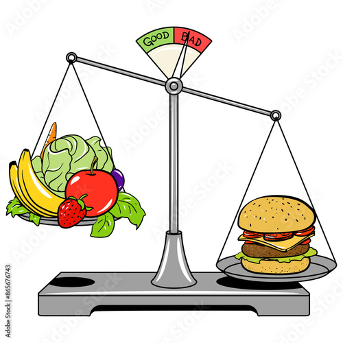 Balance scales with food comic book pop art retro style PNG illustration. Healthy food photo