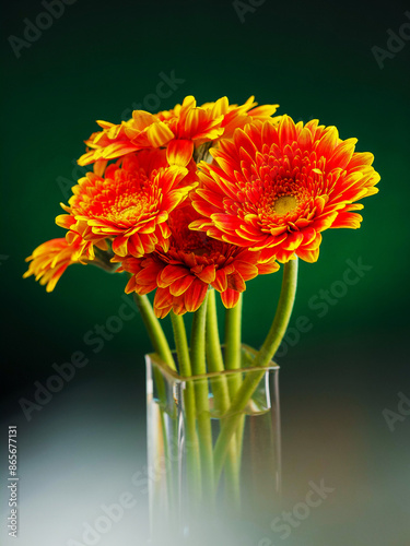 Stunning red and yellow germini gerbera flower bouquet in a square glass vase on dark background. Creative nature studio shot. Sun like flowers. photo