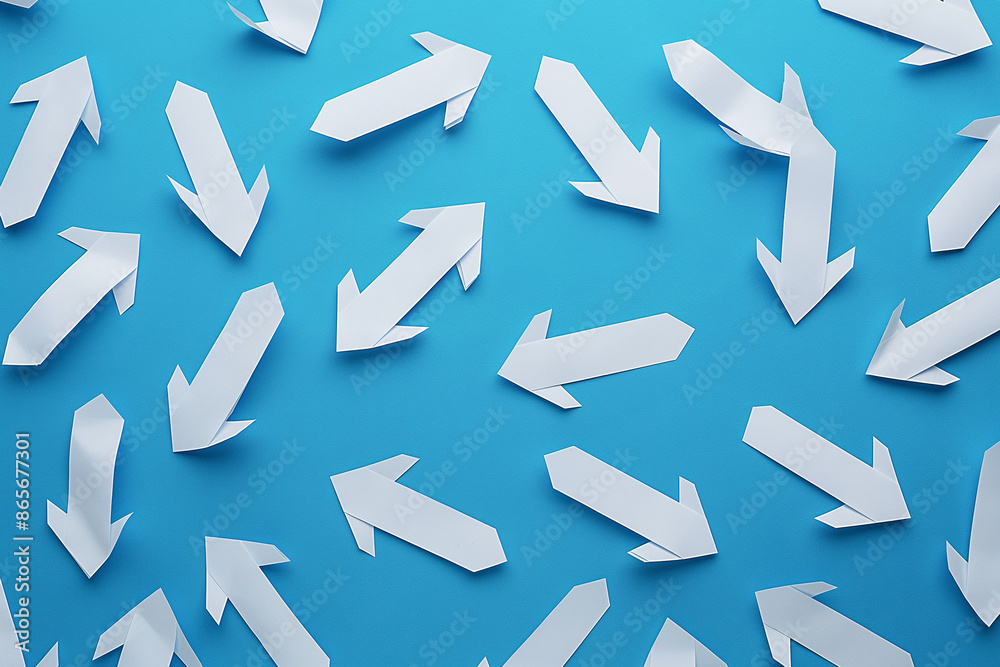 A conceptual image depicting chaos with numerous white paper arrows randomly scattered against a vibrant blue background A conceptual image depicting chaos with numerous white paper arrows randomly scattered against a vibrant blue background