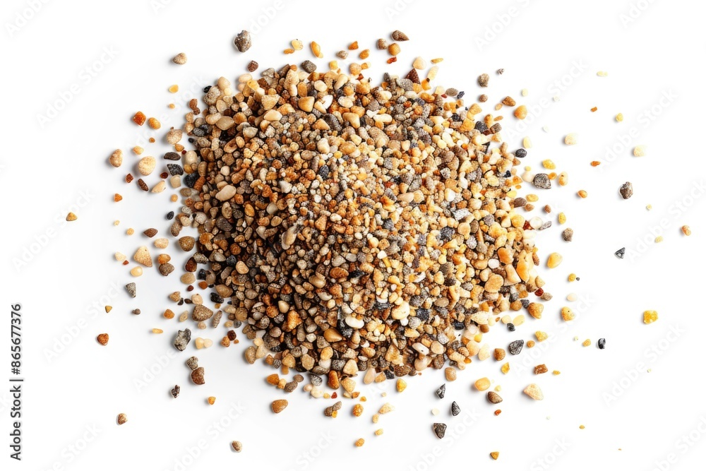 A pile of bird seed on a white surface, suitable for use in illustrations about wildlife or nature A pile of bird seed on a white surface, suitable for use in illustrations about wildlife or nature