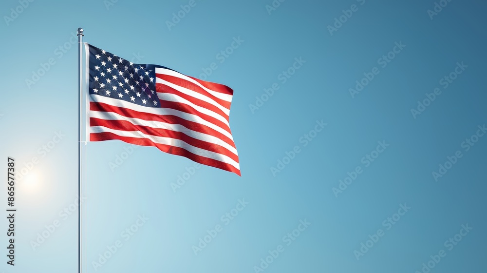 USA flag blowing in the wind, captured mid-wave, each stripe and star in sharp detail, set against a bright sunny backdrop, evoking a sense of national pride USA flag blowing in the wind, captured mid-wave, each stripe and star in sharp detail, set against a bright sunny backdrop, evoking a sense of national pride