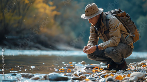 Fossil Hunting: Passionate Search for Ancient Artifacts on a Rocky River photo