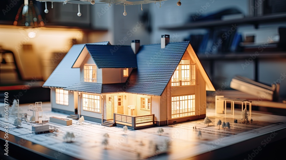 model house, financial charts and home blueprints blurred in the background, symbolizing real estate investment model house, financial charts and home blueprints blurred in the background, symbolizing real estate investment