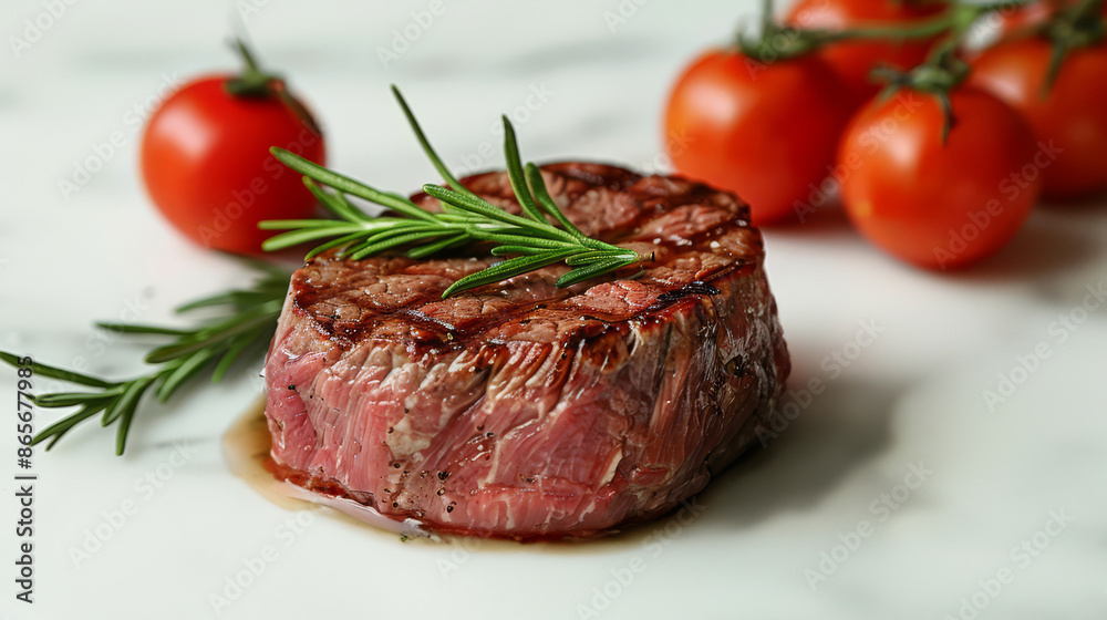 Grilled Filet Mignon Garnished With Rosemary And Cherry Tomatoes On White Surface Grilled Filet Mignon Garnished With Rosemary And Cherry Tomatoes On White Surface