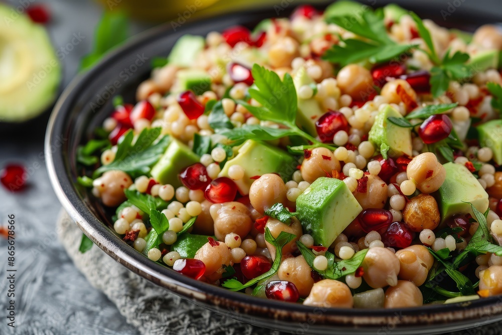 Chickpea sprout salad with couscous avocado parsley olive oil pomegranate Chickpea sprout salad with couscous avocado parsley olive oil pomegranate