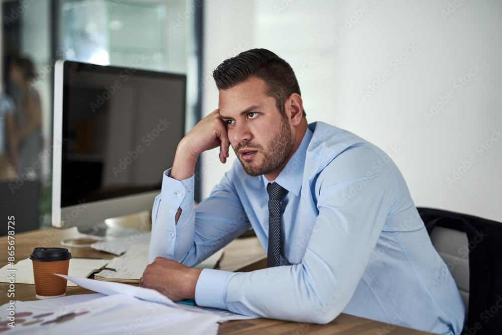 Obraz premium Man, bored and corporate business in office, tired and tax audit with accountant with paperwork. Frustrated, finance career and company employee with brain fog, fatigue and professional crisis.