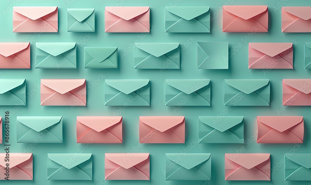 A pattern of rows of pastel coloured envelopes laid out on a green background A pattern of rows of pastel coloured envelopes laid out on a green background