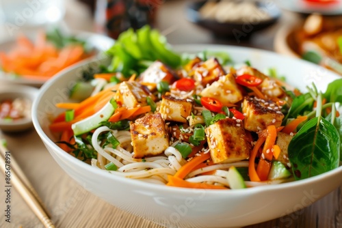 Chinese style vegan cold tofu and noodle salad with sauce