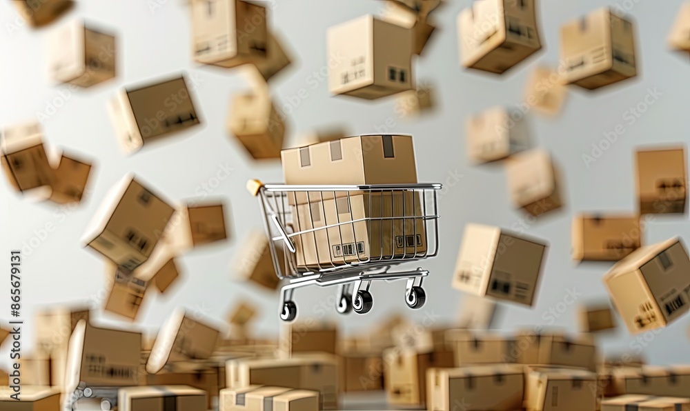 In the background, business e-commerce online shopping concept showing a group of product boxes falling with shadows. Market and transport on white background In the background, business e-commerce online shopping concept showing a group of product boxes falling with shadows. Market and transport on white background