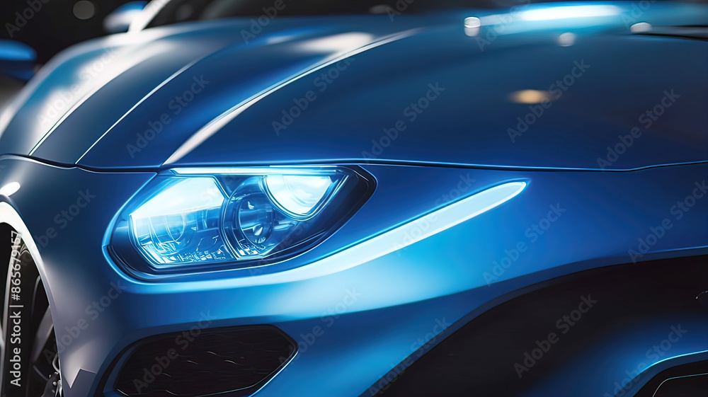 Close-up of car headlight with xenon light on black sports car Close-up of car headlight with xenon light on black sports car