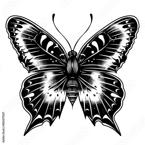 A black and white butterfly with a black body and white wings