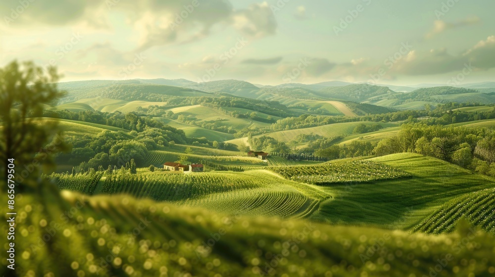 Fototapeta premium A green field with a house in the distance, suitable for use as a background or landscape