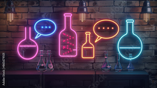 Glowing neon signs with speech bubbles and laboratory flasks. These signs symbolize chemical analysis and glow in the dark with a brick wall background. © Rabil