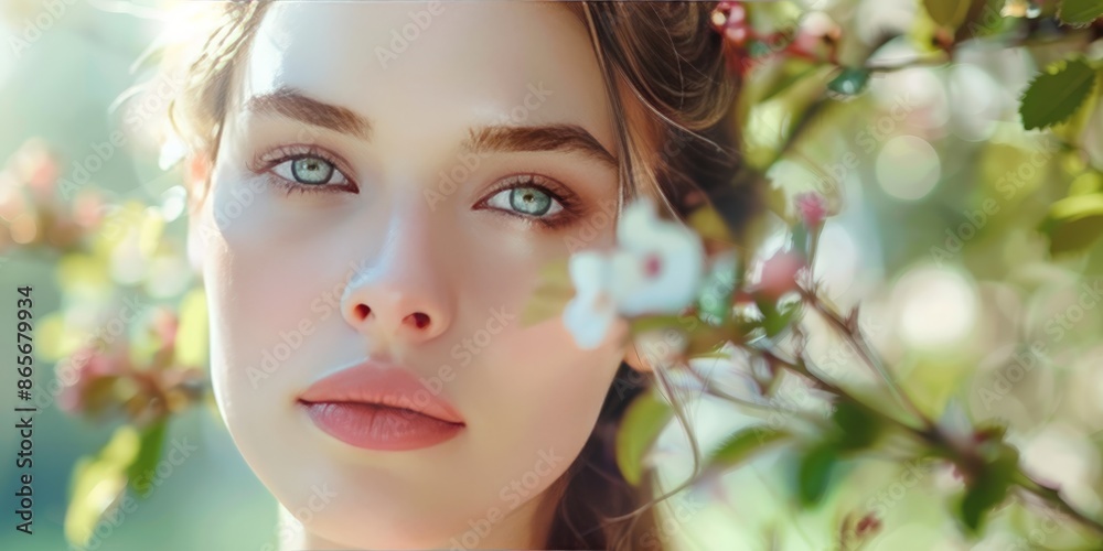 Cosmetic beauty and fashion banner with close-up portrait of a young beautiful woman outdoors in nature with copy space