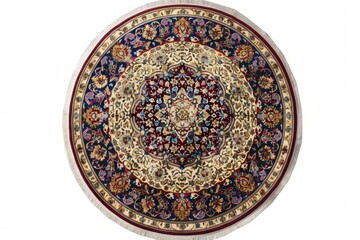 Circular machine woven rug with colored patterns on white
