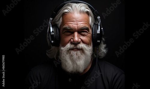 a nostalgic old man with headphones listens to music on a black background