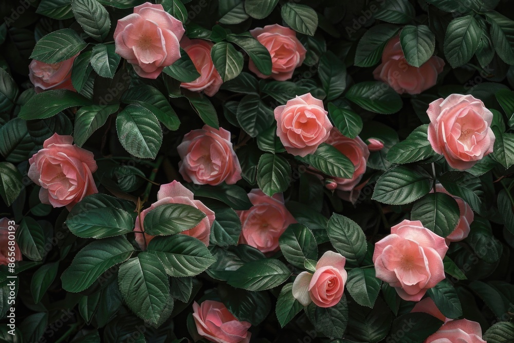 A close-up shot of a bush of pink roses with green leaves A close-up shot of a bush of pink roses with green leaves