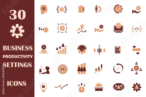 Business productivity and efficiency web icons set. Efficiency, task, focus, multitasking, workflow, growth, routine, project management, automation and productive. Vector illustration