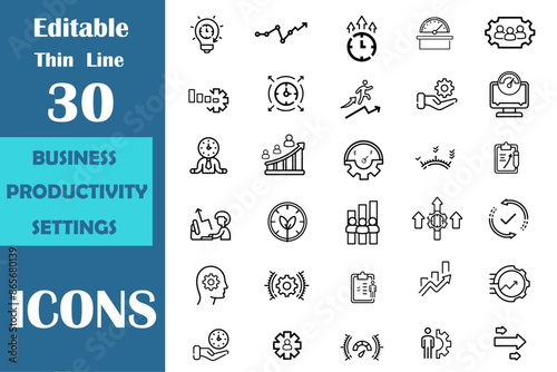 Business productivity and efficiency web icons set. Efficiency, task, focus, multitasking, workflow, growth, routine, project management, automation and productive. Vector illustration