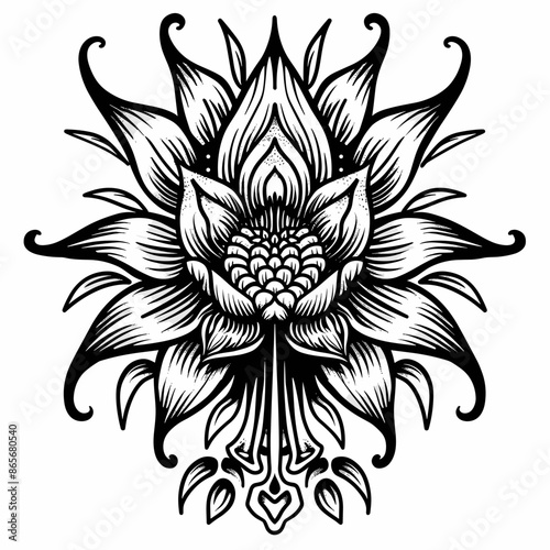 A black and white drawing of a flower with a lot of detail. The flower is very large and has a lot of detail, including the leaves and stem. The drawing has a very intricate and detailed look to it