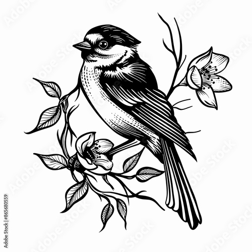 A black and white drawing of a bird sitting on a branch with flowers. The bird is small and has a black head