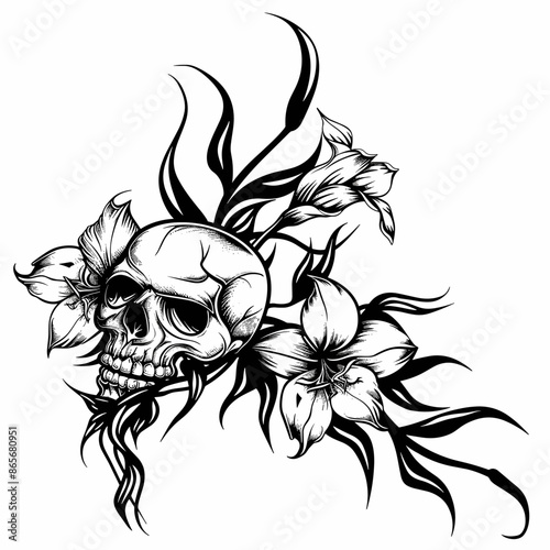 A skull is surrounded by flowers and leaves. The skull is drawn in black and white. Scene is dark and mysterious
