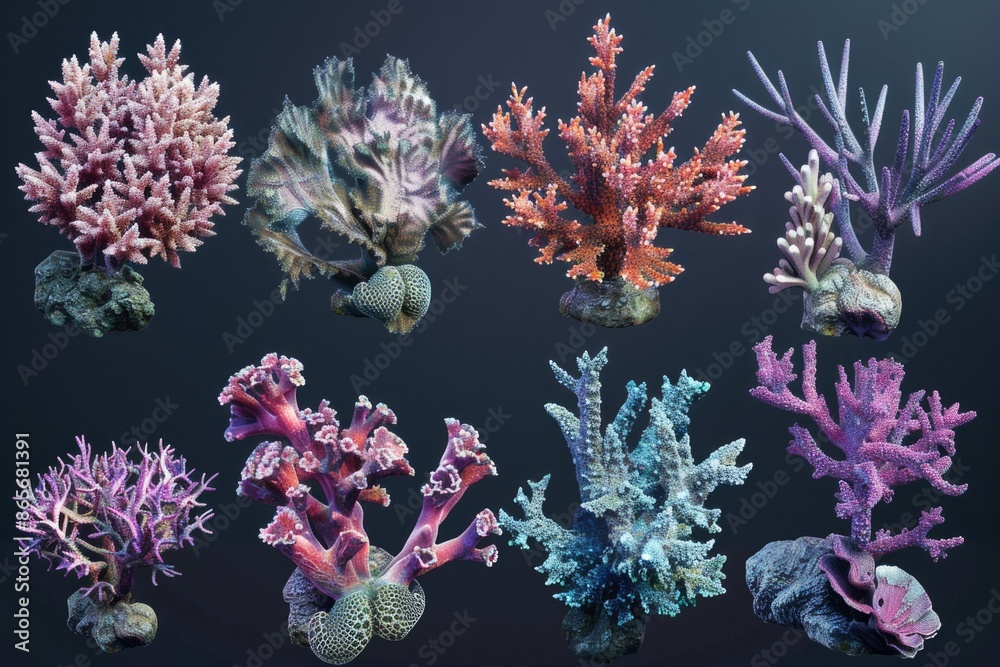 Obraz premium Vibrant coral reef scene with diverse colors on a dark background