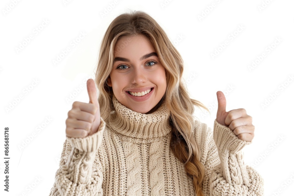 A woman wearing a turtle neck sweater gives a thumbs up, perfect for a positive message or motivational concept A woman wearing a turtle neck sweater gives a thumbs up, perfect for a positive message or motivational concept