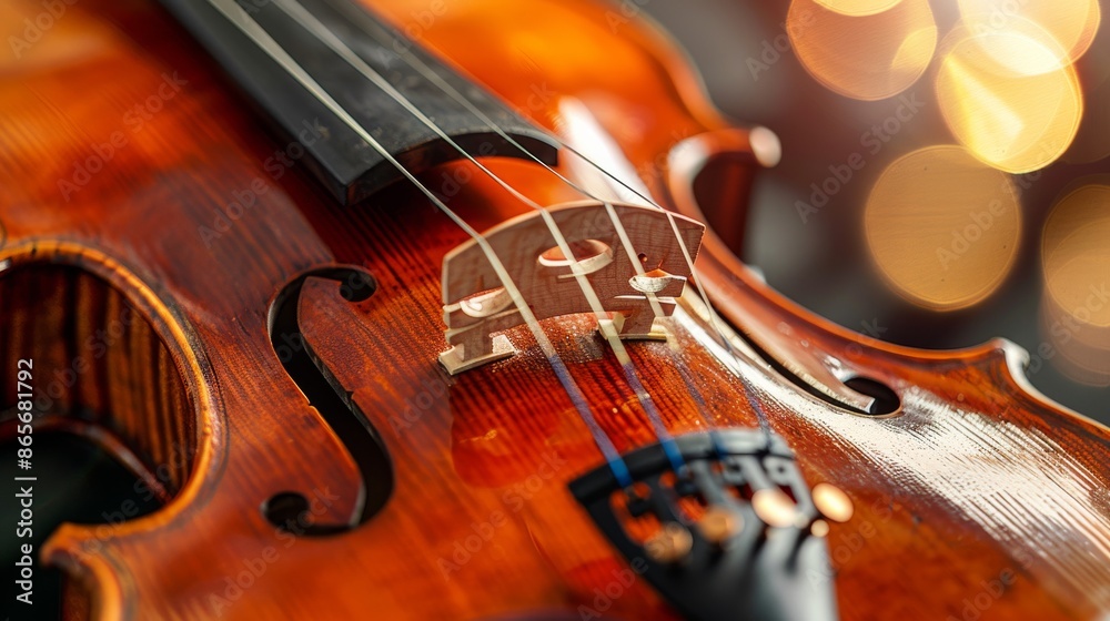 Fototapeta premium Close-up of a violin with bokeh background, focusing on strings and bridge, musical instrument concept