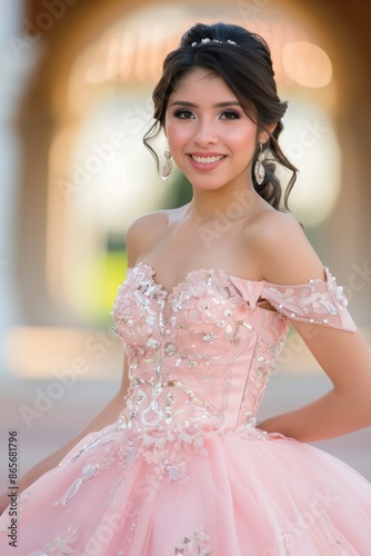 Smiling Hispanic teenage girl posing wearing her quinceanera fancy outfit posing for a formal portrait in a beautiful park
