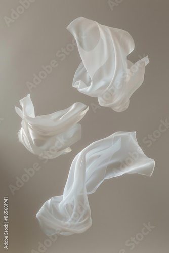 A group of white cloth items flying through the air, possibly caught up in a strong gust or thrown intentionally