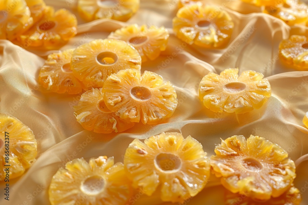 Dried sweet pineapple slices and circles with raw fruit on light background