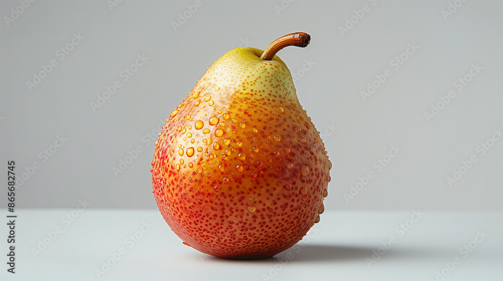 Fresh pear with water droplets on a light gray background. Studio shot for design and print. Healthy eating and organic food concept. Minimalistic fruit photography. Fresh pear with water droplets on a light gray background. Studio shot for design and print. Healthy eating and organic food concept. Minimalistic fruit photography.