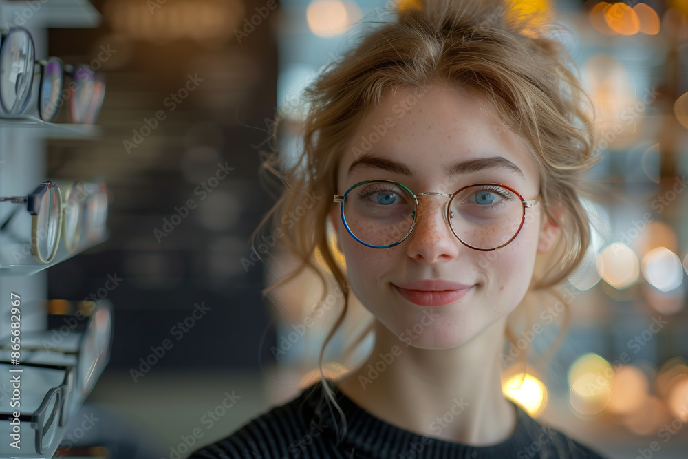 Caucasian woman smiling with confidence in opticians shop Caucasian woman smiling with confidence in opticians shop