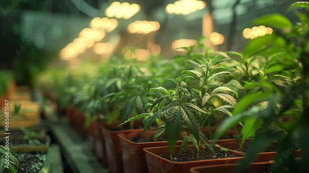 Close-up of cannabis plants growing indoors under artificial lights. Close-up of cannabis plants growing indoors under artificial lights.