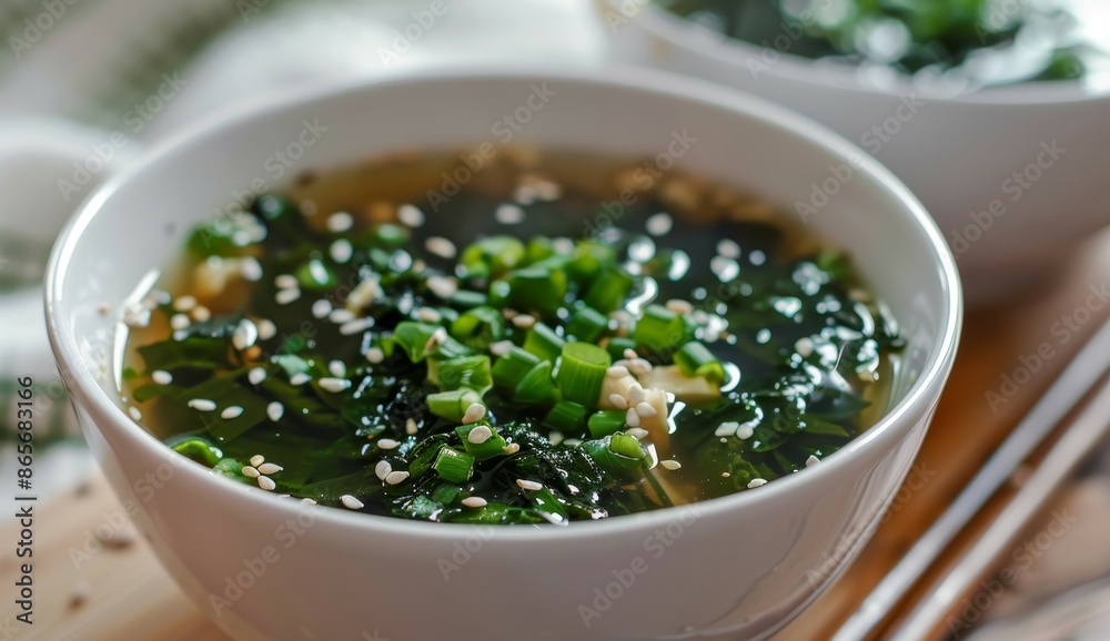 Egg drop soup with wakame seaweed in a white bowl Egg drop soup with wakame seaweed in a white bowl