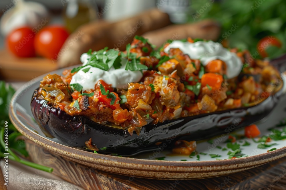 Eggplant stuffed with vegetables in sour cream sauce on plate Eggplant stuffed with vegetables in sour cream sauce on plate