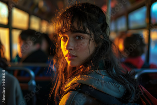 Caucasian teenage girl sitting on a school bus