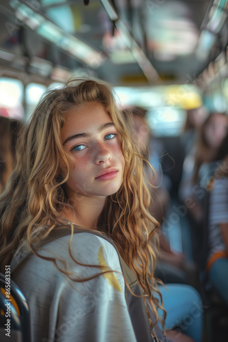 Caucasian teenage girl sitting on a school bus