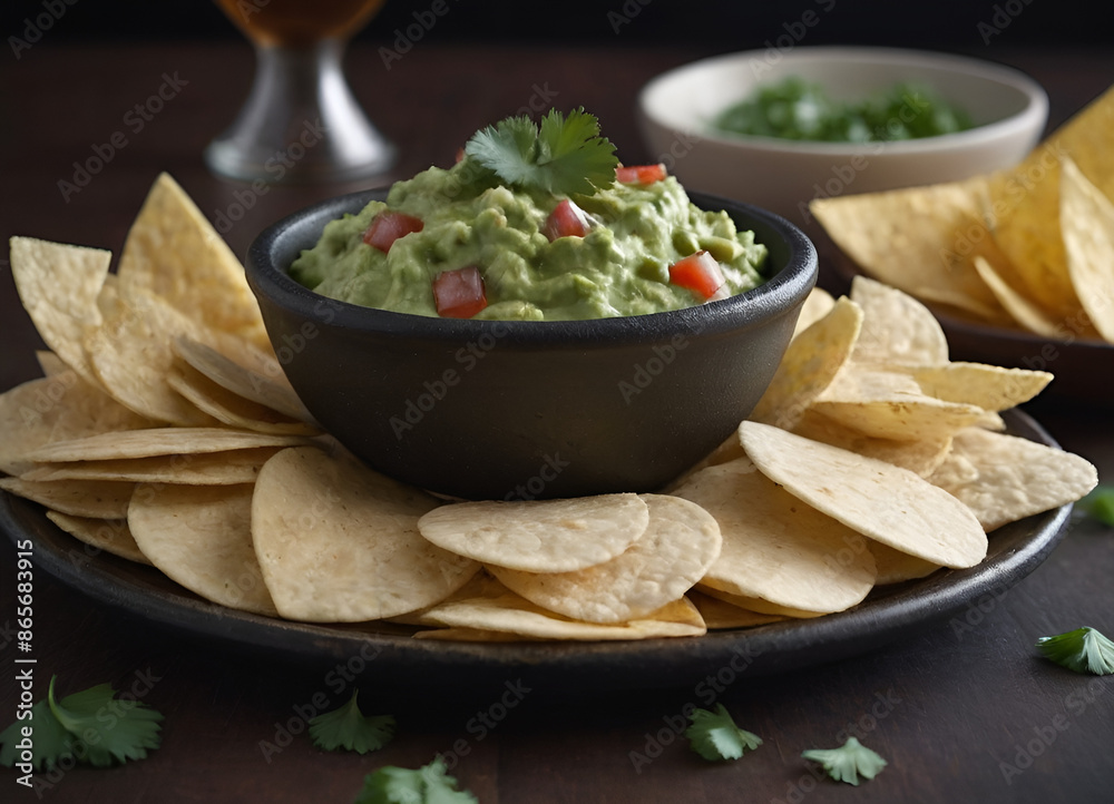 guacamole with cilantro on top with tortilla chips guacamole with cilantro on top with tortilla chips
